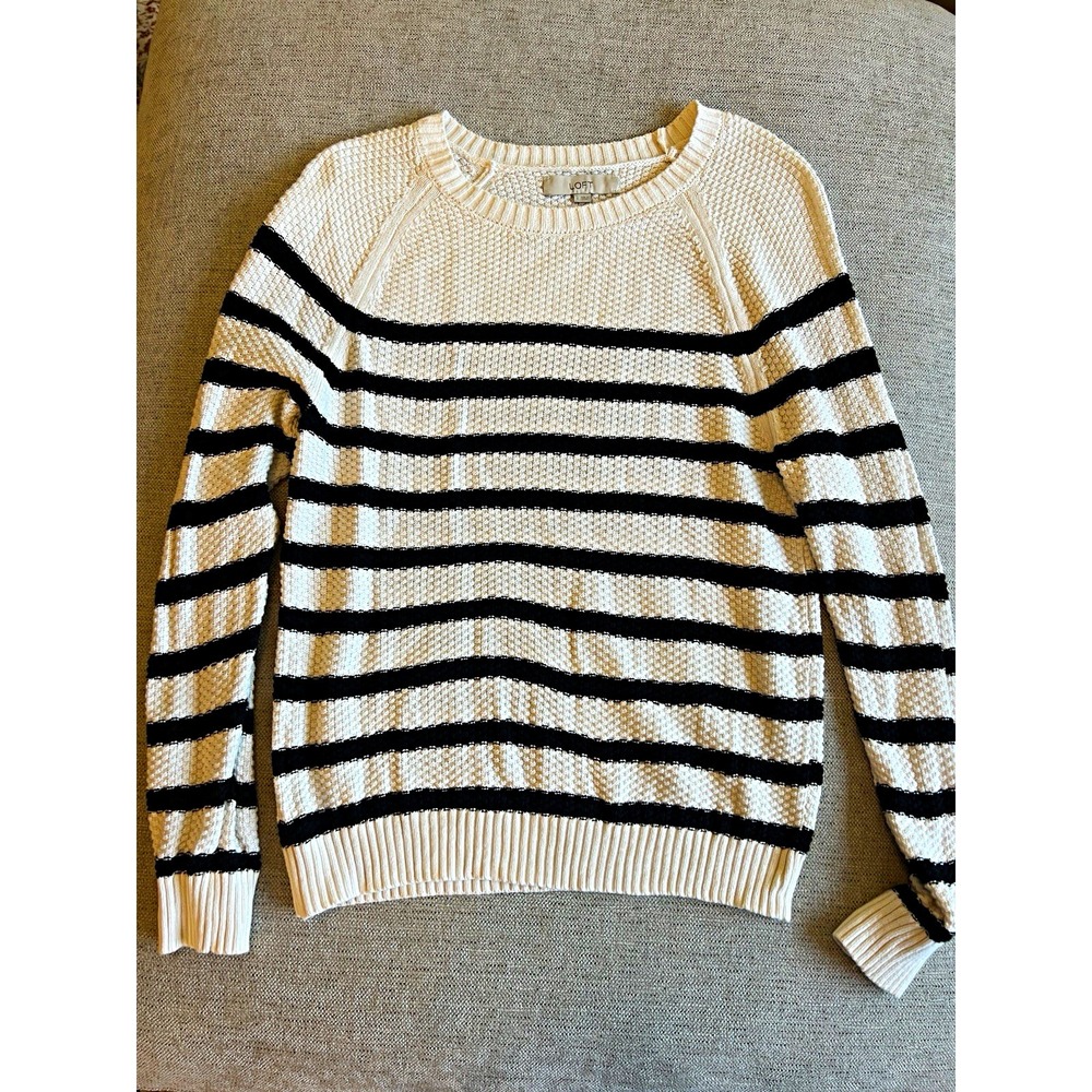 LOFT Womens Striped Crewneck Pullover Sweater Size L 100% Cotton Knit Raglan